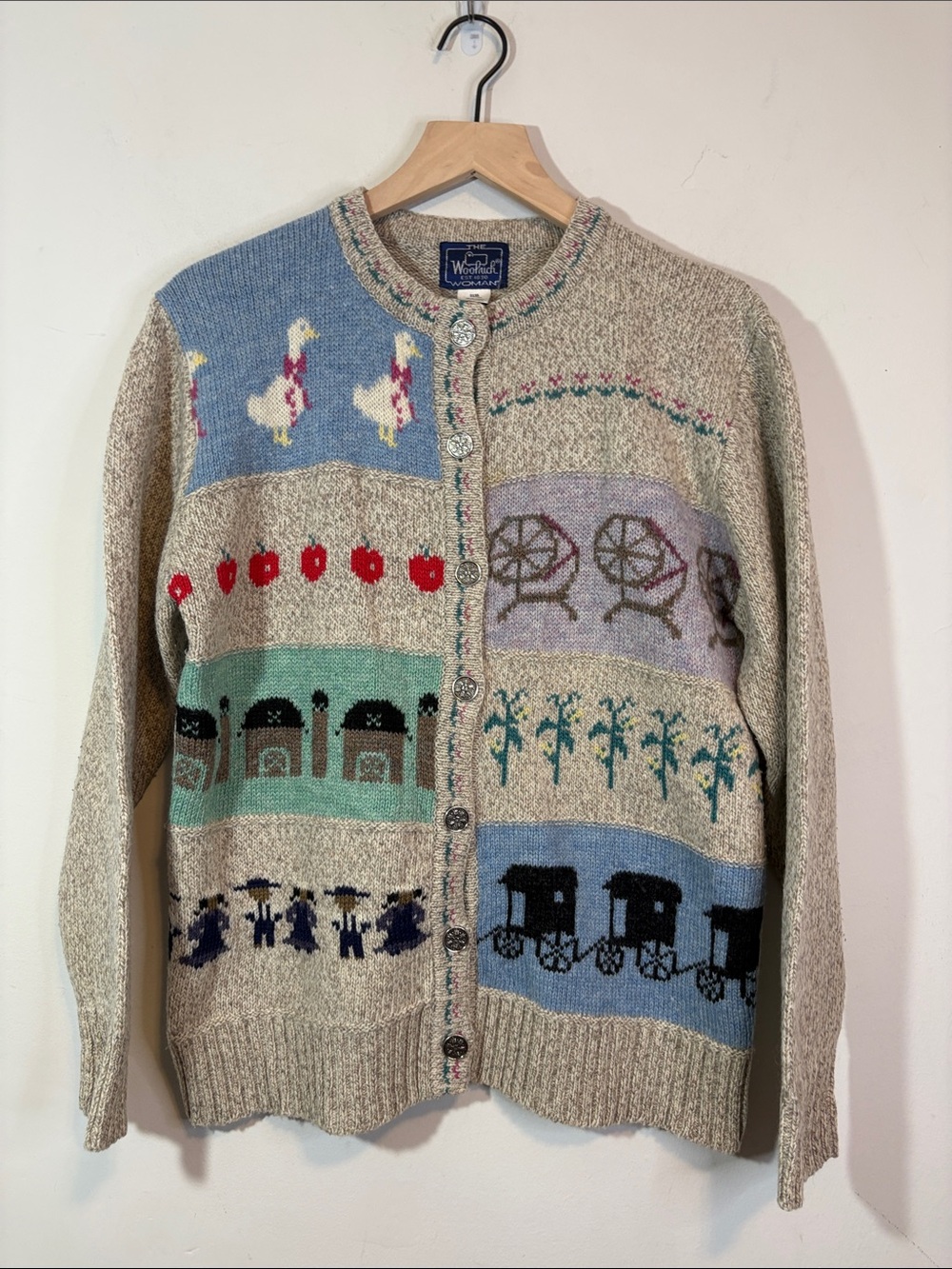 Vintage Woolrich Americana Patchwork Quilt Panel Knit Cardigan Mother Goose VTG